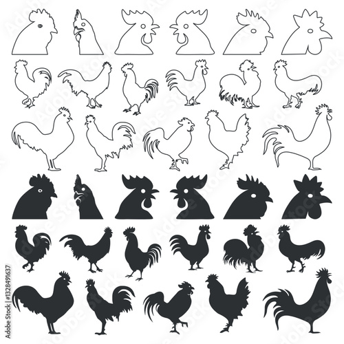 Set of chicken silhouette and line art icons design vector illustration.