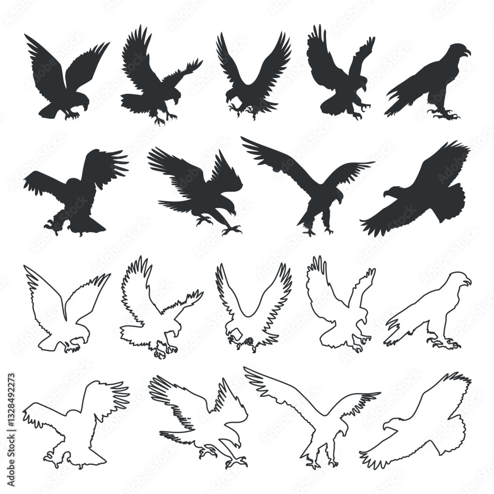 Obraz premium Set of eagle silhouette and line art icons design vector illustration.