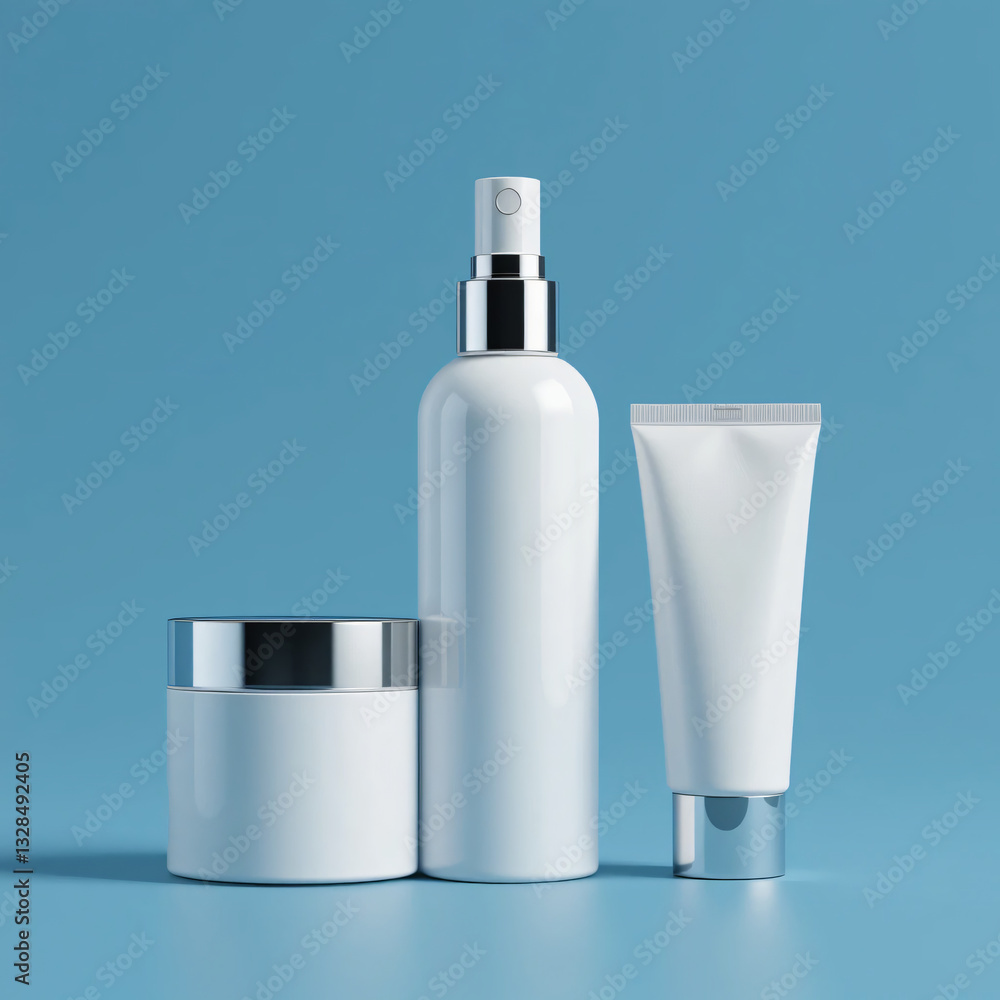 Cosmetic Product Set Mockup on Blue Background for Beauty Branding Cosmetic Product Set Mockup on Blue Background for Beauty Branding