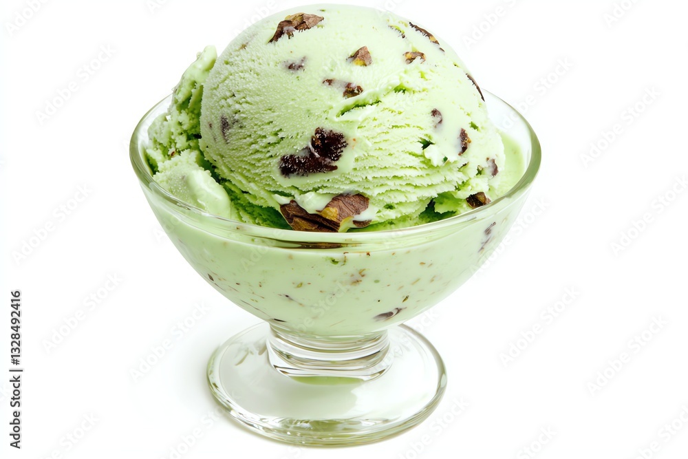 Scoop of Mint Chocolate Chip Ice Cream in Glass Dessert Bowl Scoop of Mint Chocolate Chip Ice Cream in Glass Dessert Bowl