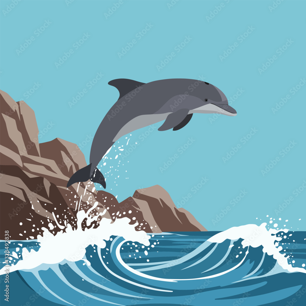 Obraz premium Dolphin Jumping From Ocean Near Rocky Coast Illustration in Vector