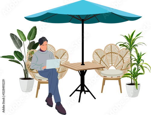 Business man sitting at table in street cafe and working on laptop. Morning coffee and work. Smart freelancer in bistro with rattan furniture, umbrella and plants. Flat colorful vector illustration.