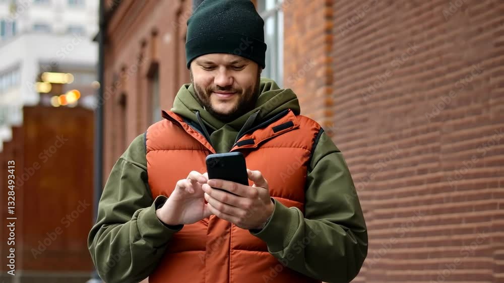 Handsome smiling young man dressed casually spending time outdoors at the city, using mobile phone Handsome smiling young man dressed casually spending time outdoors at the city, using mobile phone