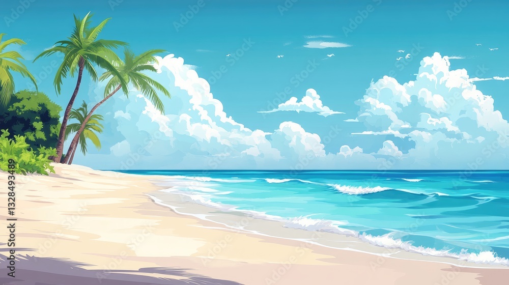 Fototapeta premium Tropical Paradise: Serene Beach Scene with Palm Trees