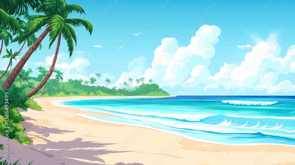Fototapeta premium Serene Tropical Beach Paradise: Azure Waters, Palm Trees, and Sunny Skies