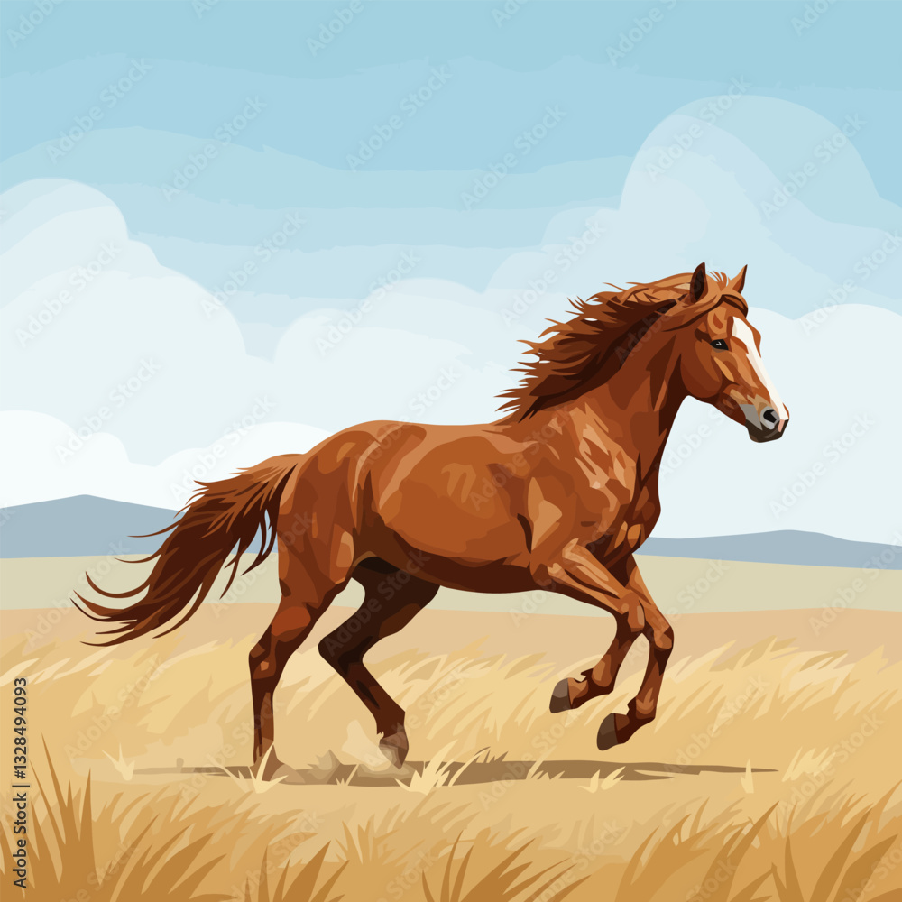 Horse Running Freely Through a Golden Field with Rolling Hills Background Horse Running Freely Through a Golden Field with Rolling Hills Background