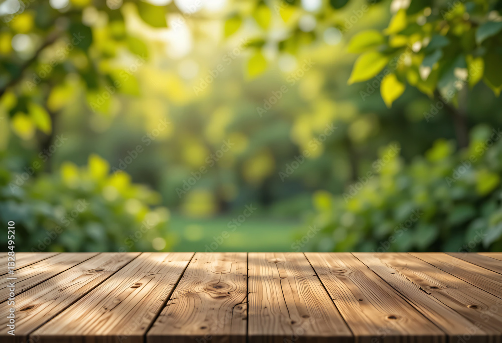 Empty Wooden Tabletop Over Blurred Fresh Green Leaves Swaying in Soft Golden Light Empty Wooden Tabletop Over Blurred Fresh Green Leaves Swaying in Soft Golden Light