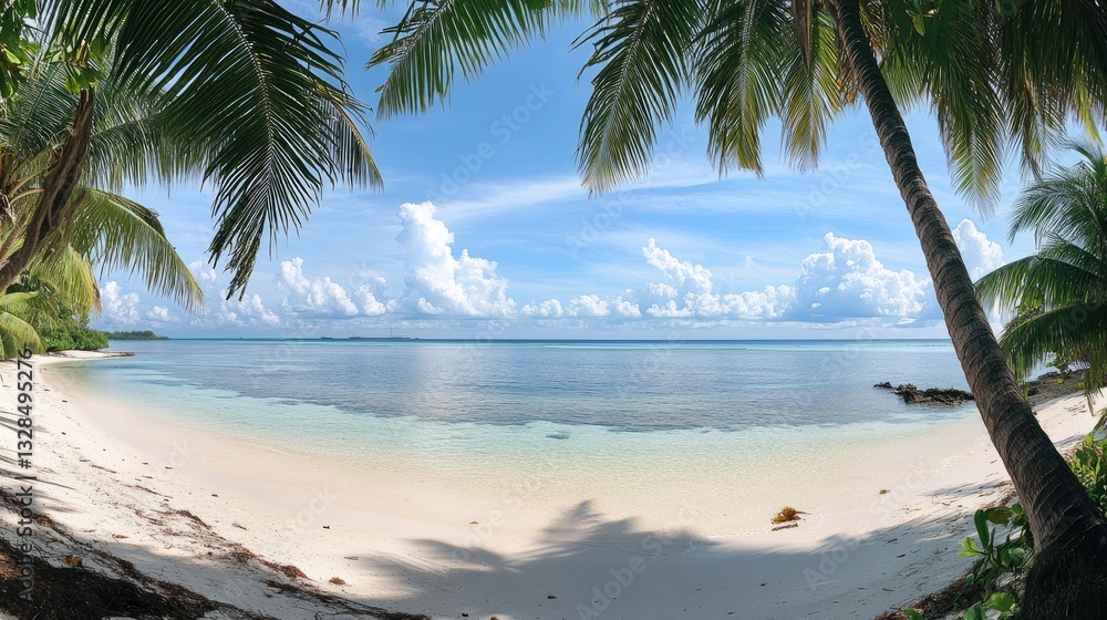 Obraz premium Serene Tropical Beach Paradise: Palm Trees Frame Azure Ocean and White Sand