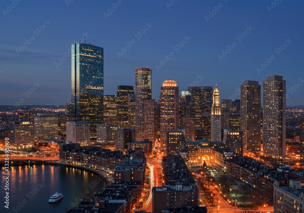 Fototapeta premium Boston skyline at dusk with illuminated skyscrapers and waterfront view
