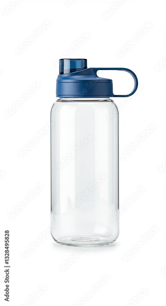 Reusable transparent water bottle with blue cap and handle isolated on white background Reusable transparent water bottle with blue cap and handle isolated on white background