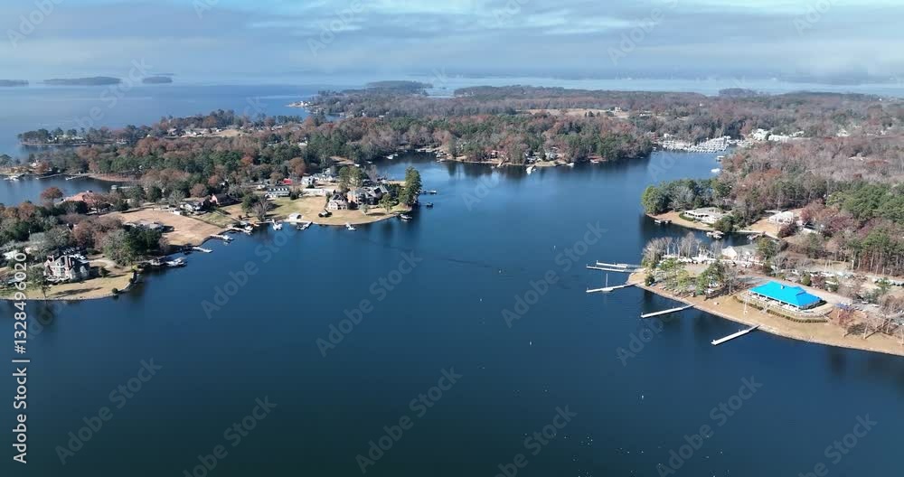 Drone view of a residential town on beautiful Lake Murray in South Carolina Drone view of a residential town on beautiful Lake Murray in South Carolina