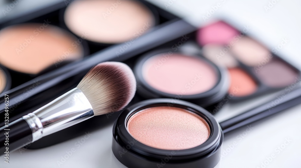 Cosmetic products displayed on a vanity with a makeup brush and blush palette close-up Cosmetic products displayed on a vanity with a makeup brush and blush palette close-up