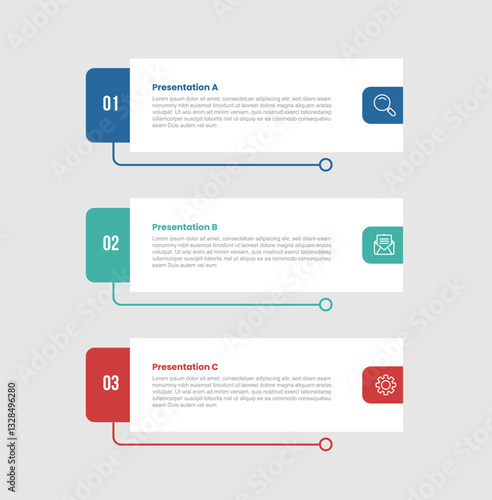 3 stage infographic diagram with big round rectangle box stacked with 3 step for slide presentation