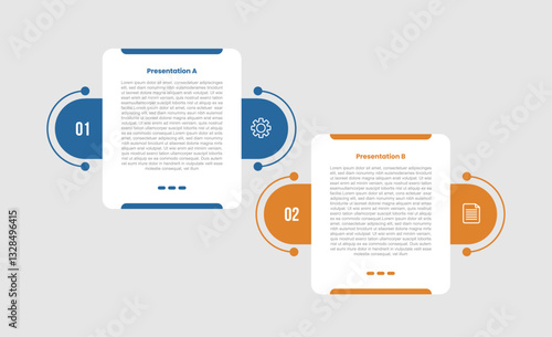 2 stage infographic diagram opposite comparison with box container and round circle right and left with two step for slide presentation
