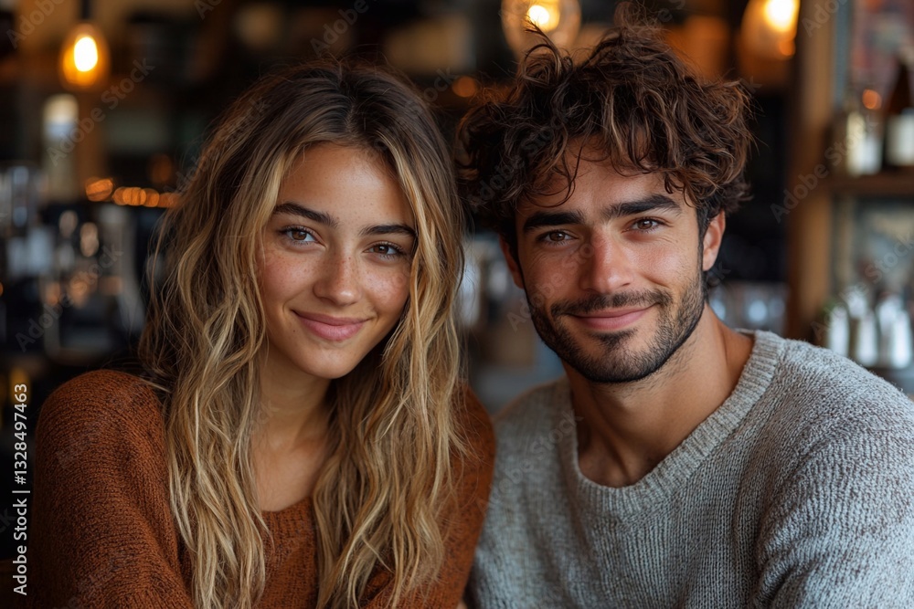 Smiling couple enjoys a cozy moment in a warmly lit cafe, showcasing joy and connection Smiling couple enjoys a cozy moment in a warmly lit cafe, showcasing joy and connection