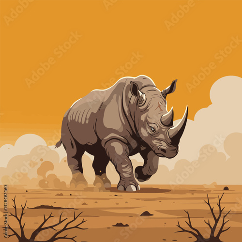 Rhino Charging Across Arid Landscape in Vector Art Style