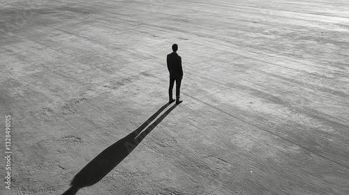 Solitary figure standing in a vast, empty space, casting a long shadow
