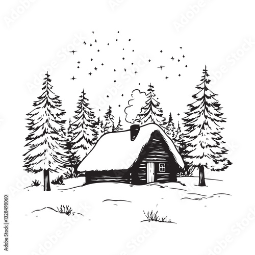 Snow On Cabin Vector. Cabin Inside Snow Stock Illustration on white background.