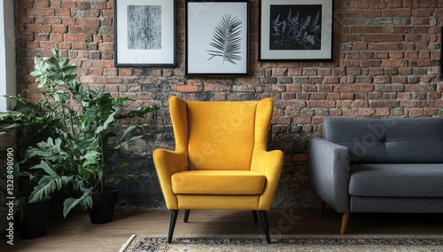 Yellow Wingback Chair in Modern Brick Living Room