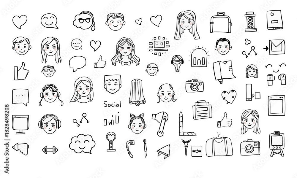 collection of doodles featuring various social media icons, expressions, and characters, showcasing fun and engaging digital atmosphere. Perfect for influencers and online content creators collection of doodles featuring various social media icons, expressions, and characters, showcasing fun and engaging digital atmosphere. Perfect for influencers and online content creators