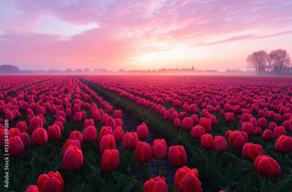 Fototapeta premium Vibrant Pink Tulip Field at Sunrise with Colorful Skies in Spring, Nature's Beauty in Full Bloom Captured in a Peaceful Landscape Scene