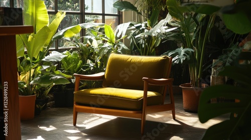 A peaceful reading corner in the living room surrounded by leafy green plants.