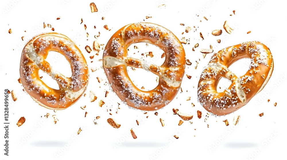 Flying pretzels with salt crystals golden