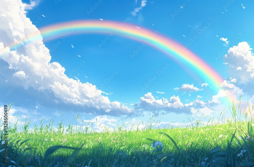 Vibrant Rainbow Arching Across a Bright Blue Sky with Lush Green Grass and Fluffy White Clouds Beneath in a Serene Natural Landscape Setting Vibrant Rainbow Arching Across a Bright Blue Sky with Lush Green Grass and Fluffy White Clouds Beneath in a Serene Natural Landscape Setting