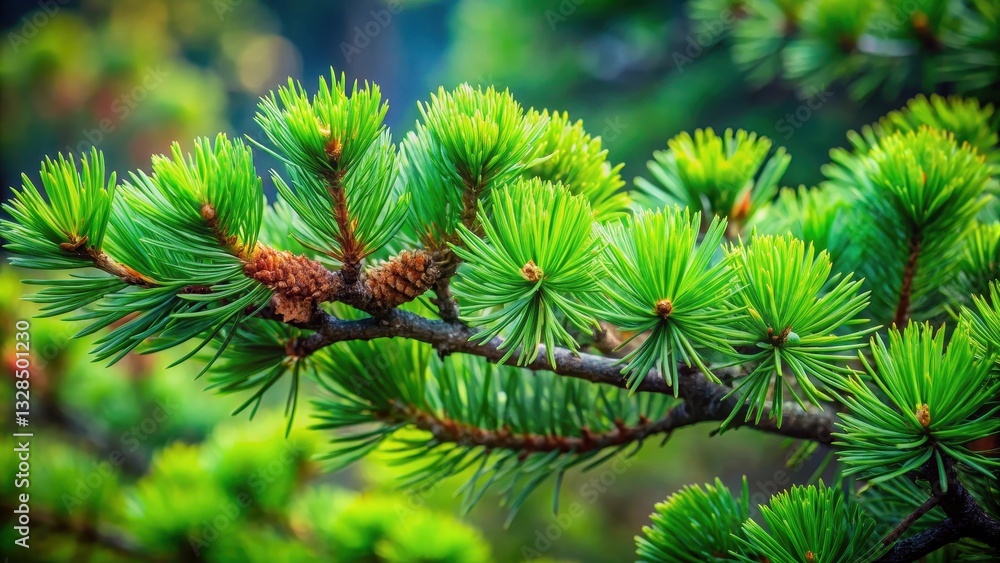 Vibrant Evergreen Branch with Lush Needles and Tiny Cones, a Close-Up Display of Natural Beauty in a Tranquil Setting Vibrant Evergreen Branch with Lush Needles and Tiny Cones, a Close-Up Display of Natural Beauty in a Tranquil Setting