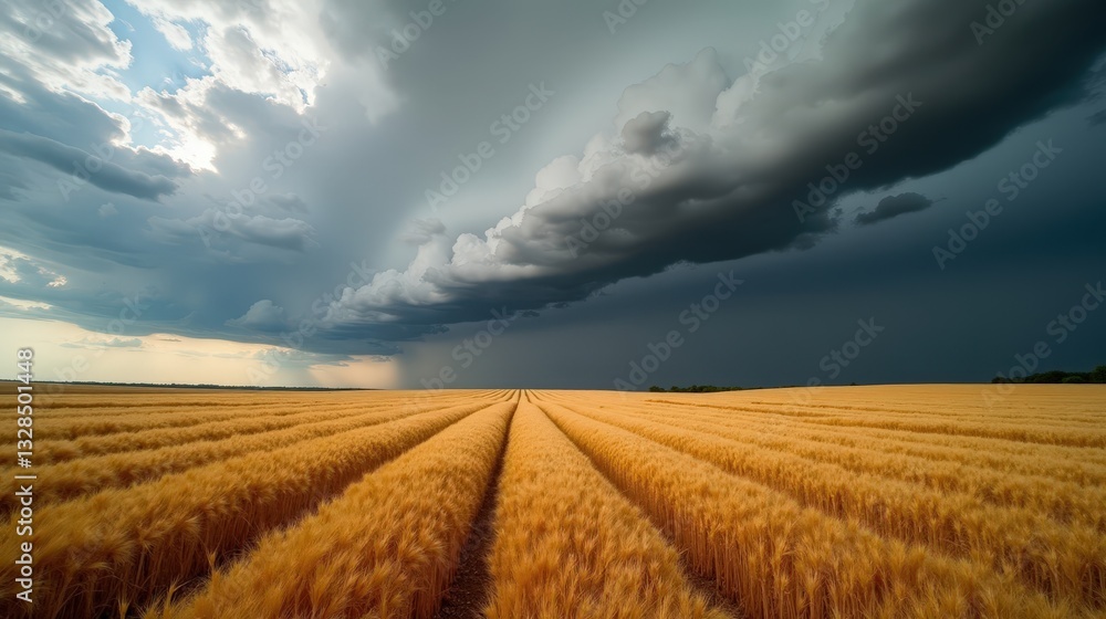 A golden wheat field swaying under a dramatic stormy sky, dark clouds rolling ominously over the horizon as the last rays of sunlight cast a warm glow on the rippling crops. A golden wheat field swaying under a dramatic stormy sky, dark clouds rolling ominously over the horizon as the last rays of sunlight cast a warm glow on the rippling crops.