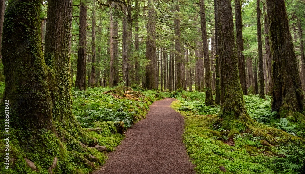 Fototapeta premium tranquil pathway through dense forest featuring lush green moss and tall trees