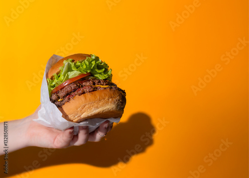 A horizontal photo of a juicy cheeseburger with lettuce, tomato, cheese, and sauce, held by a hand against a bright orange background perfect for promotional use.