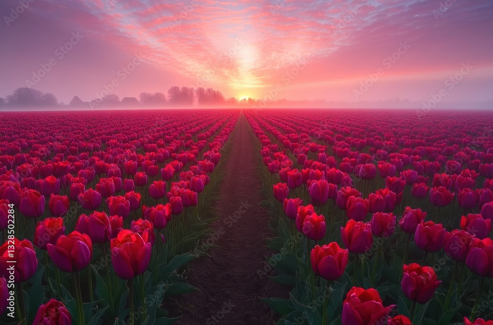 Fototapeta premium Vibrant Red Tulip Field at Sunrise with Soft Mist and Colorful Sky Over Expansive Landscape in Early Morning Light
