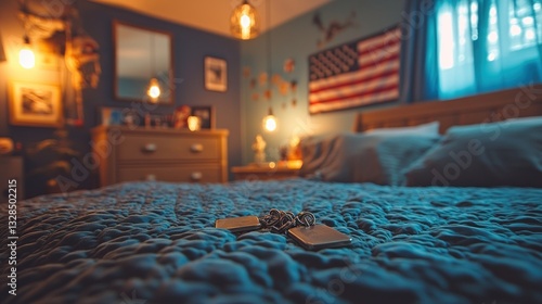 Dog tags on bed, patriotic bedroom, evening ambiance