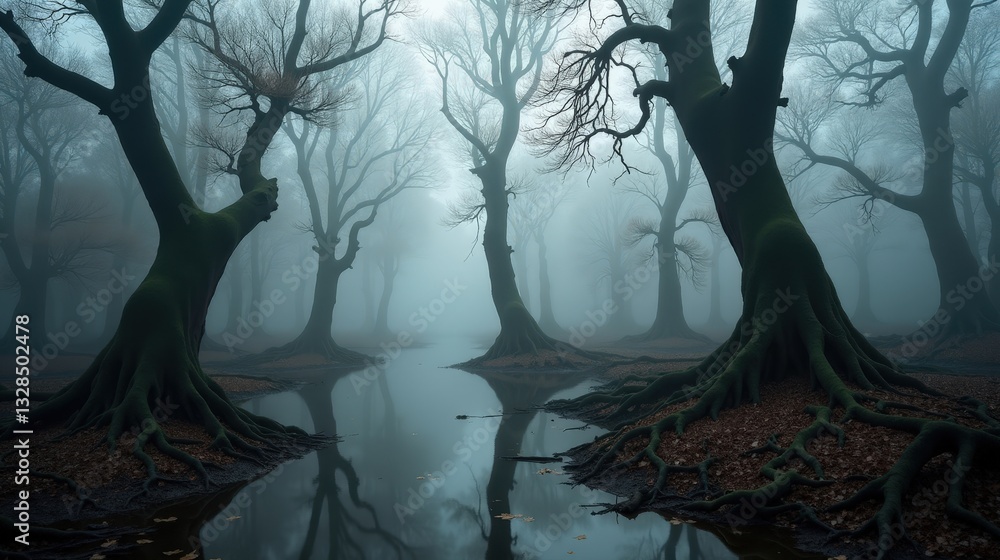 Obraz premium A mystical fog-covered swamp with twisted ancient trees, their gnarled roots submerged in still waters, evoking a sense of mystery and eerie calm.