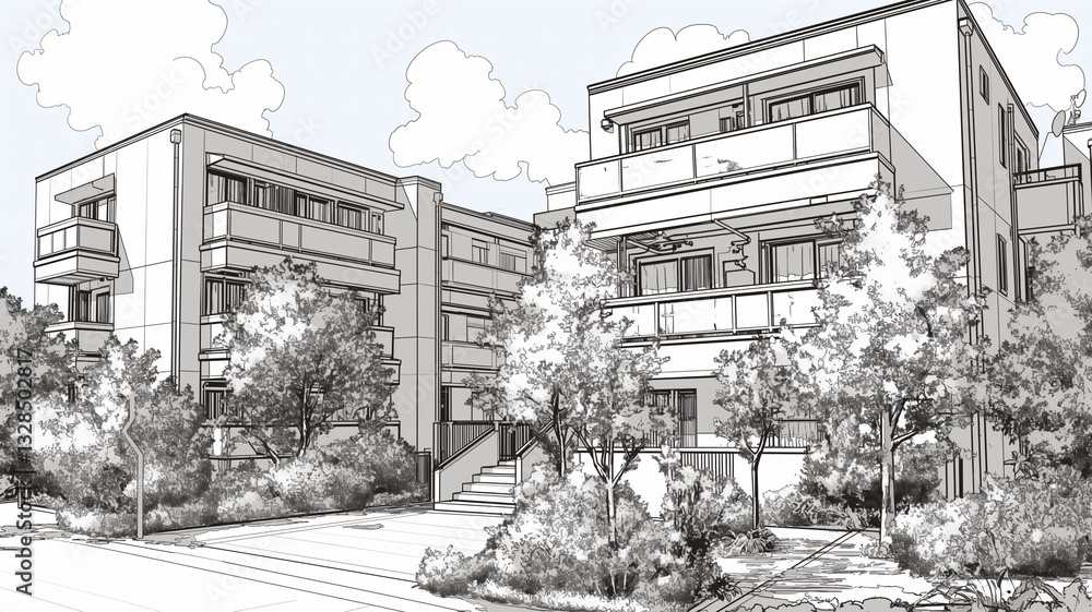 Fototapeta premium 緑豊かな住宅街に佇む美しいマンション｜快適な暮らしを実現する理想的な住環境｜開放感のある中庭付きアパートメント｜静かで落ち着いた雰囲気の集合住宅｜光と風を感じる癒しの住空間｜都市のオアシスを感じる住まい｜スタイリッシュなデザインのモダンな住宅｜都会の喧騒を忘れる穏やかな暮らし