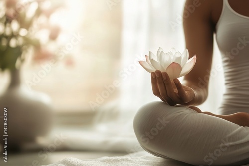 woman holding lotus flower in right hand