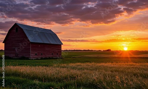 red barn in the field in the sunset moment