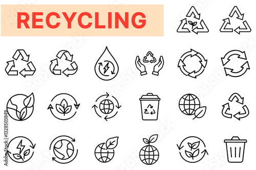 Recycling and Sustainability Line Icons Set – Eco-Friendly, Waste Management, Renewable Energy, Green Environment, Circular Economy, Reduce, Reuse, Recycle
