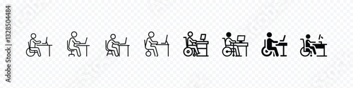 Office Accessibility Icon – Person in Wheelchair Working at Desk, wheelchair friendly working icon, person wheelchair working laptop icon