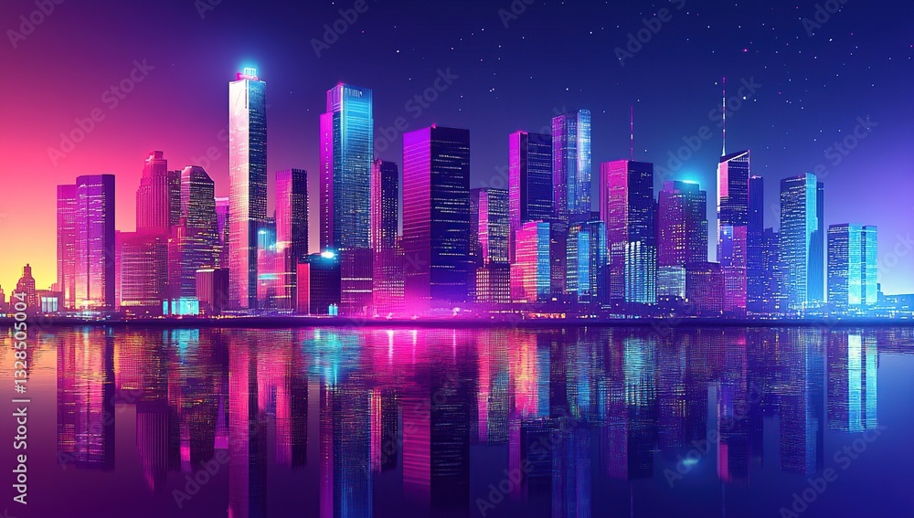 Fototapeta premium Neon Cityscape: Skyscrapers Reflecting in Water at Night, Vibrant Colors, Futuristic Urban Scene