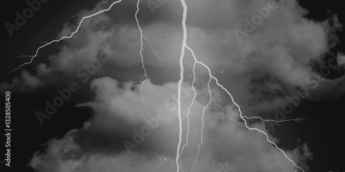 Mountainous Cumulus Clouds Boiling in the Summer Sky. White cloudiness, mist or smog overlay backgrounds. Wide sky and clouds dark tone. Dark cloud at evening sky with thunder bolt.