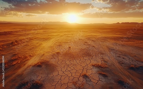 Dramatic Sunset Over Cracked Earth Landscape Arid Desert Scene with Golden Light.