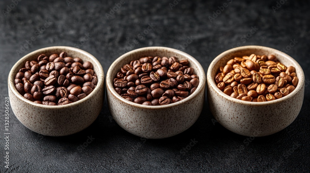 Three bowls of coffee beans, various roasts Three bowls of coffee beans, various roasts
