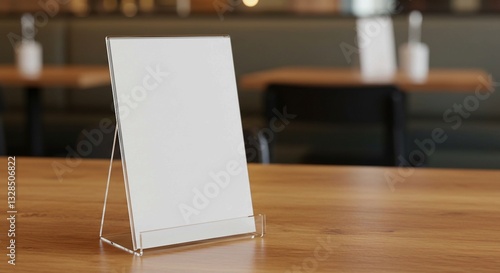 Blurred restaurant background and warm ambient lighting enhance an acrylic display stand with a blank white insert on a wooden tabletop