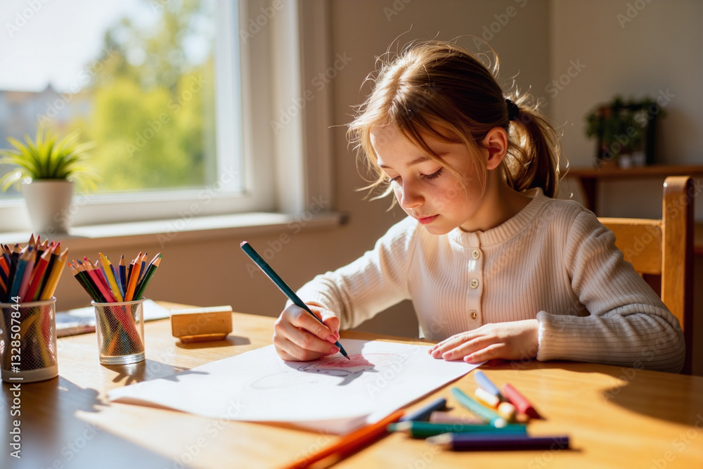 Focused girl drawing with colored pencils at wooden table, creative expression Focused girl drawing with colored pencils at wooden table, creative expression
