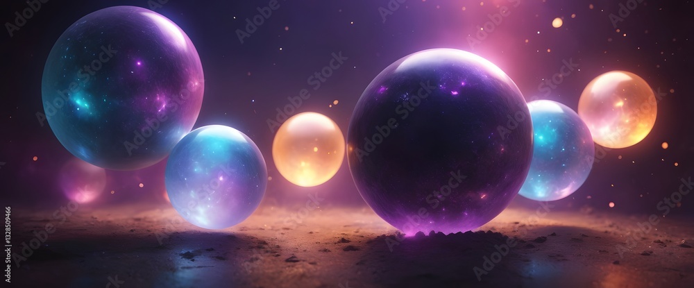 Cosmic Spheres: Seven luminous orbs float in a galaxy, each emanating vibrant colors and subtle energy, captured in a stunning display of cosmic artistry. Cosmic Spheres: Seven luminous orbs float in a galaxy, each emanating vibrant colors and subtle energy, captured in a stunning display of cosmic artistry.
