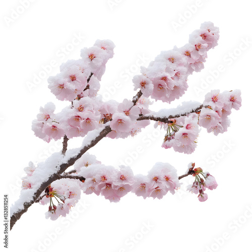 Branch of cherry blossoms covered in fresh white snow, transparent background, cut out, PNG 3D Digital Art.