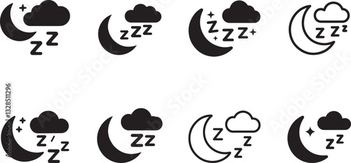 Sleep and Night Icon Set - Moon, Cloud, and ZZZ Symbols