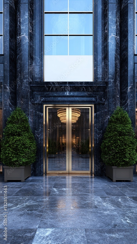 Obraz premium A grand entrance with marble facade and reflective doors